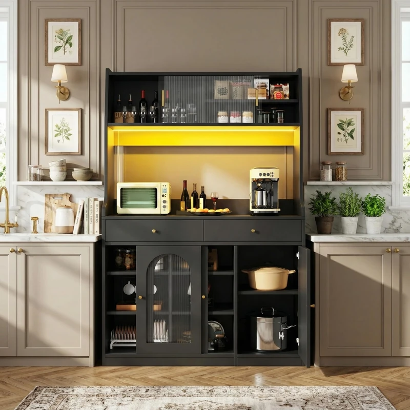 39F Furniture Dream Tall Black Kitchen Cabinet with LED Lighting, 2 Drawers & Adjustable Shelves, Glass Doors, App-Controlled RGB Lights, Modern Buffet Sideboard for Dining Room, 120x40x180cm