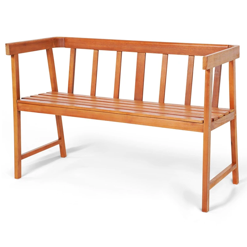 RELAX4LIFE 2-Person Garden Bench, Eucalyptus Wood Patio Park Bench Chair Slatted Seat with Backrest & Armrests, Outdoor Furniture Leisure Loveseat Porch Seating for Backyard Porch Balcony
