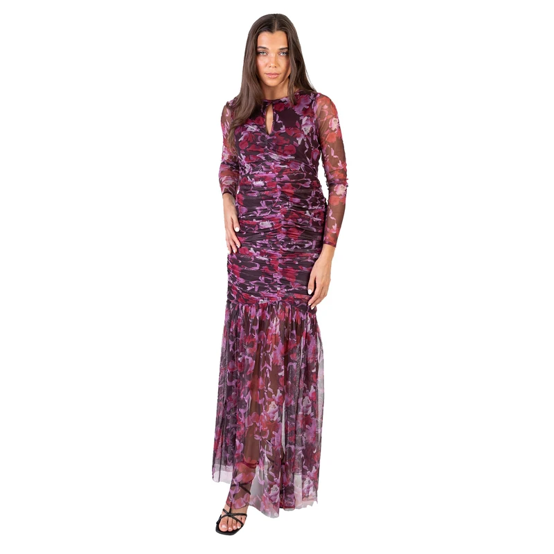 Anaya with Love Women's Maxi Dress Ladies Long Sleeve Round Neck Floral Sheer Tulle Ruched Fishtail Keyhole Wedding Guest Evening Gown, Pink 10