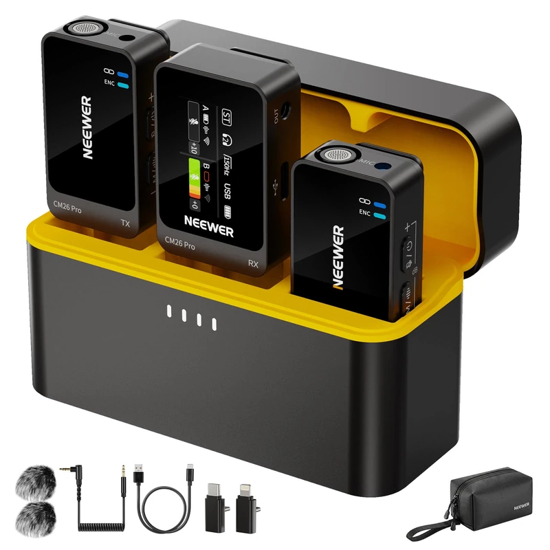 NEEWER CM26 Pro AI Wireless Microphone Compatible with iPhone Android Phone Camera PC, Lavalier Lapel Mic DSP/MCU Noise Cancellation Mute Gain Low Cut 48KHz/24Bit 88dB SNR 50H Battery 100m Range