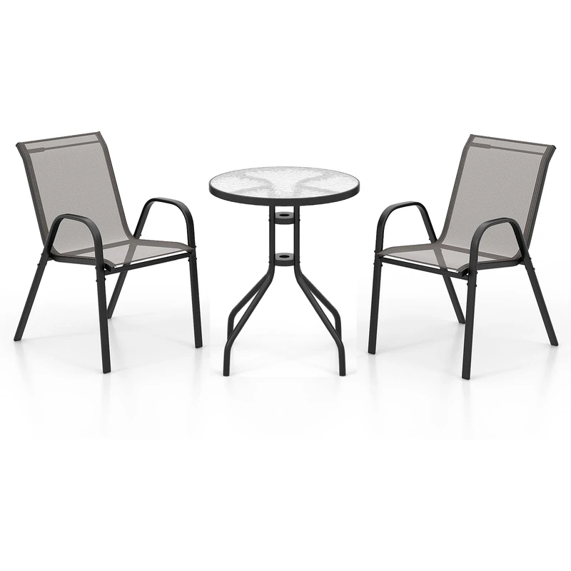 GiantexUK 3 PCS Patio Bistro Set, Metal Frame Garden Furniture Set with Tempered Glass Table and 2 Stackable Armchairs, Outdoor Table and Chairs Set for Backyard Poolside Lawn (Grey)