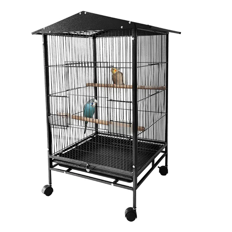 GarveeHome Large Bird Cage with Wheels, Bird House with Wooden Poles and Removable Tray, Metal Bird Farmer Cage for Finches, Canaries, Budgies, 45 x 45 x 84 cm