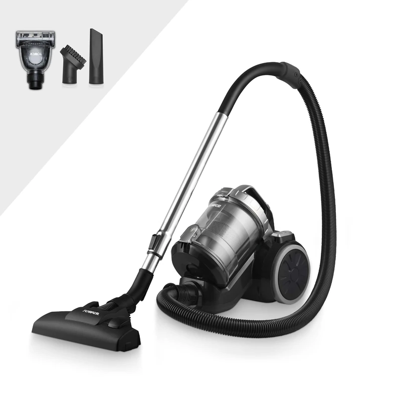 Tower T102004PLPET TXP10PET Multi-Cyclonic Bagless Cylinder Vacuum Cleaner with Crevice Tool, Floor Brush, Small Brush, Pet Attachment, Automatic Cord Rewinder, 1.5L, 800W, Platinum