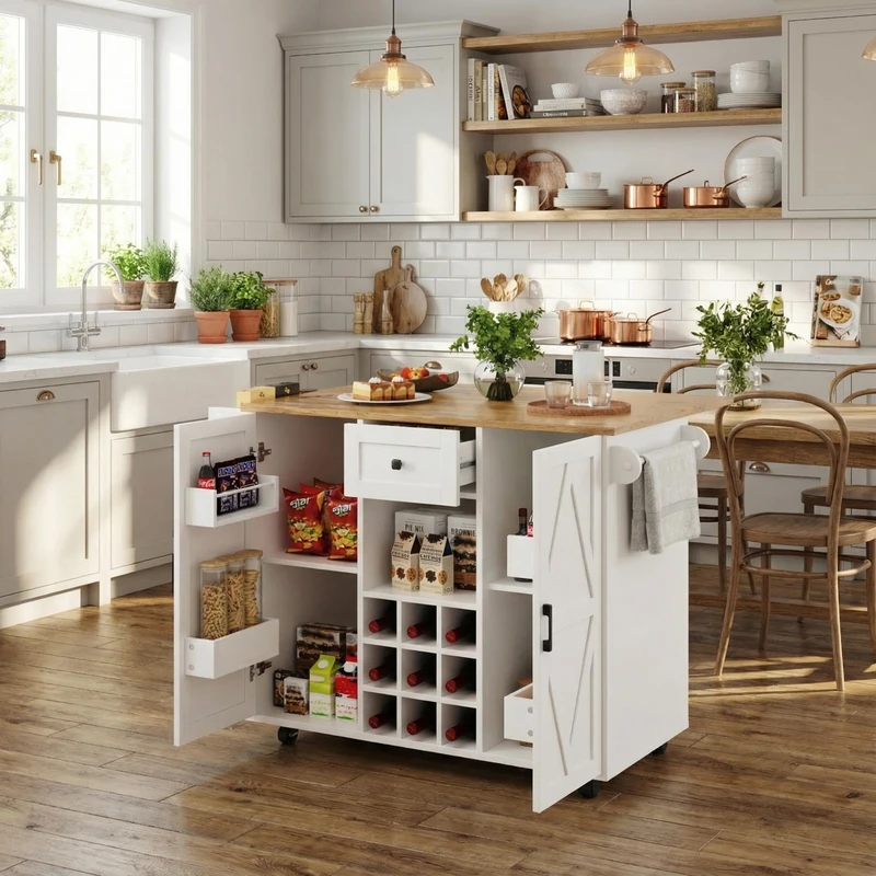 39F Furniture Dream Multifunctional Folding Kitchen Island Trolley, White MDF, Extendable Dining Table, Storage Cabinet with Wine Rack, Lockable Wheels, Modern Sideboard for Small Spaces, 137.5x40x95.