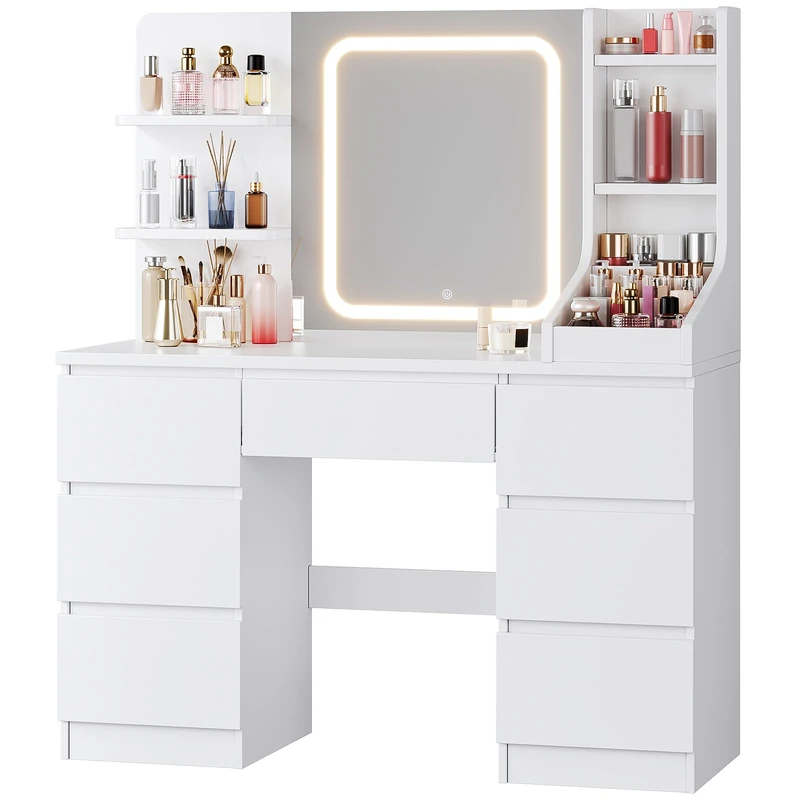 JUMMICO Dressing Table with LED Mirror,Adjustable Brightness,Vanity Table with Large Storage,Makeup Desk with 7 Drawers and 4 Shelves,Modern White