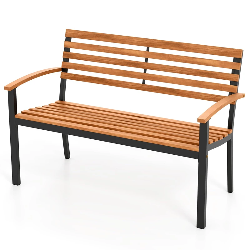 FANTASK 2-Seater Garden Bench, Acacia Wood Bench with Armrests & Metal Frame, Wooden Bench Weatherproof up to 360 kg Load Capacity, Patio Bench for Garden, Balcony