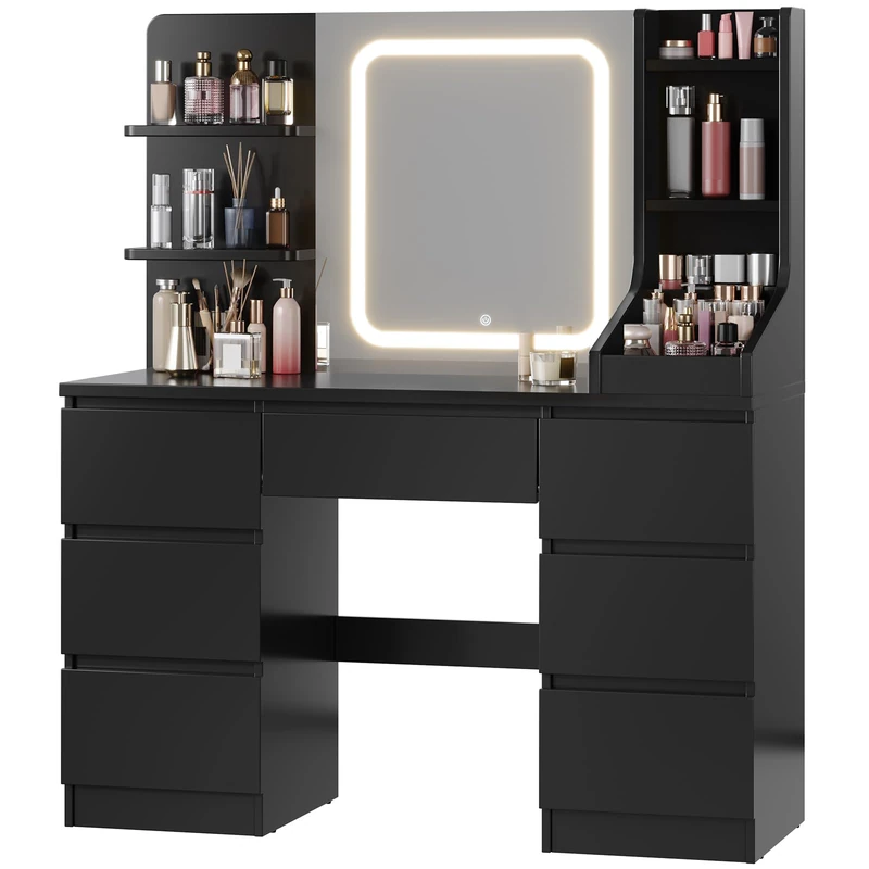JUMMICO Dressing Table with LED Mirror & Adjustable Brightness, Modern Makeup Vanity Unit with Large Storage - 7 Drawers & 4 Shelves (110cm W x 40cm D x 139cm H), Black