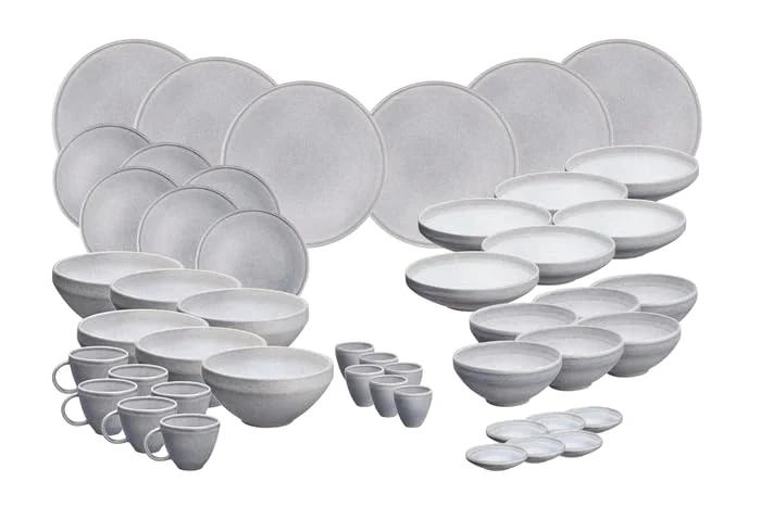 Bjorn SR-COSTG26 Stone Moon Grey Tableware Set 48-Piece Stoneware with Reactive Glaze, Light Grey, Dishwasher and Microwave Safe, for 6 People