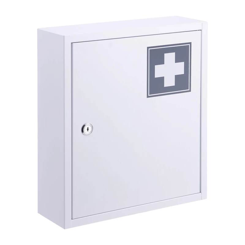 Relaxdays Metal Lockable Medicine Cabinet with 3 Compartments, 36x31.5x10 cm, White/Grey