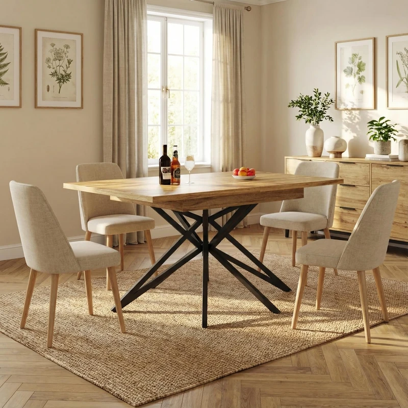 39F Furniture Dream Extendable Dining Table, Brazilian Walnut Pattern, Star-Shaped Black Metal Legs, Modern MDF Kitchen Table, Adjustable Feet, Seats 6-8, 120-160x80cm