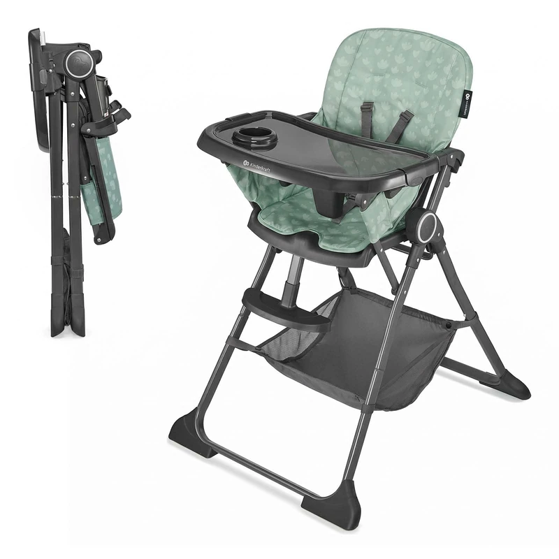 Kinderkraft FOLDEE Folding High Chair, 6-36 Months, 5-Point Harness, Adjustable Backrest & Footrest, Double Tray, Basket, Green