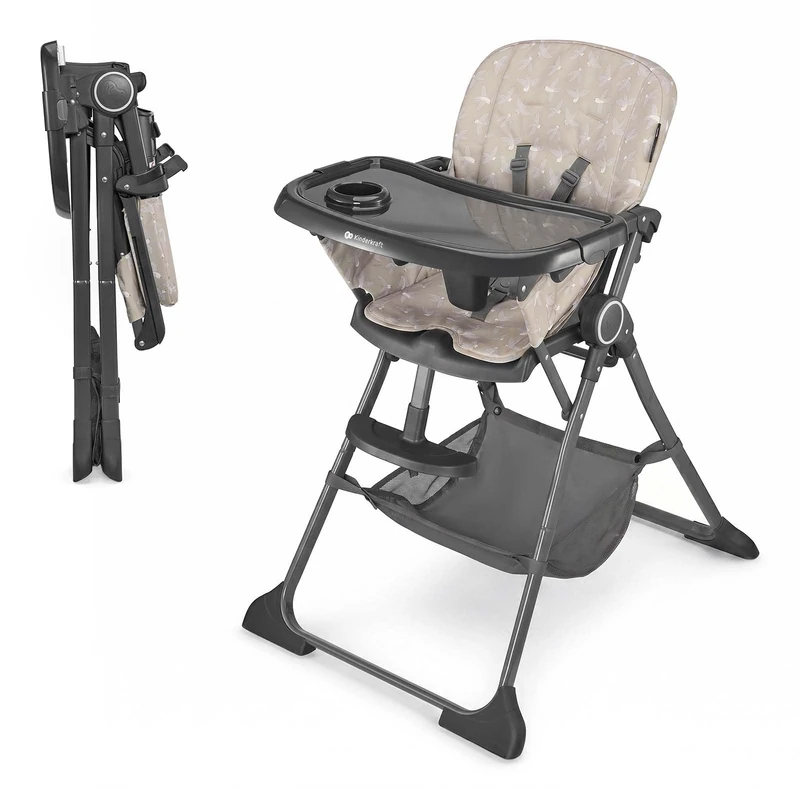 Kinderkraft FOLDEE Folding High Chair, 6-36 Months, 5-Point Harness, Adjustable Backrest & Footrest, Double Tray, Basket, Beige