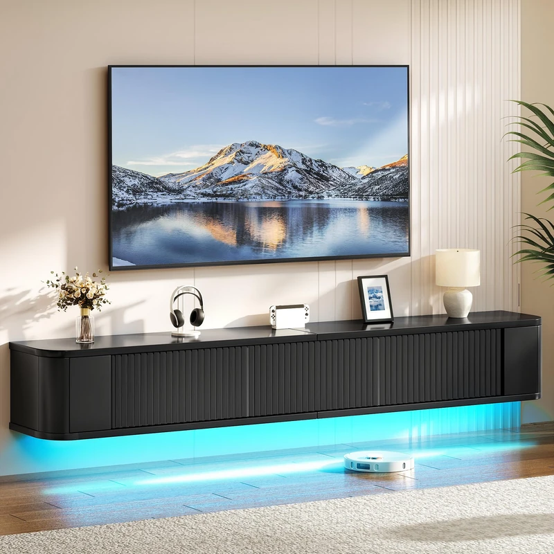 YITAHOME 180cm Floating TV Stand, Wall Mounted TV Shelves With RGB Led Light, Black High Gloss TV Media Console, Floating TV Cabinet Large Storage For Living Room and Bedroom