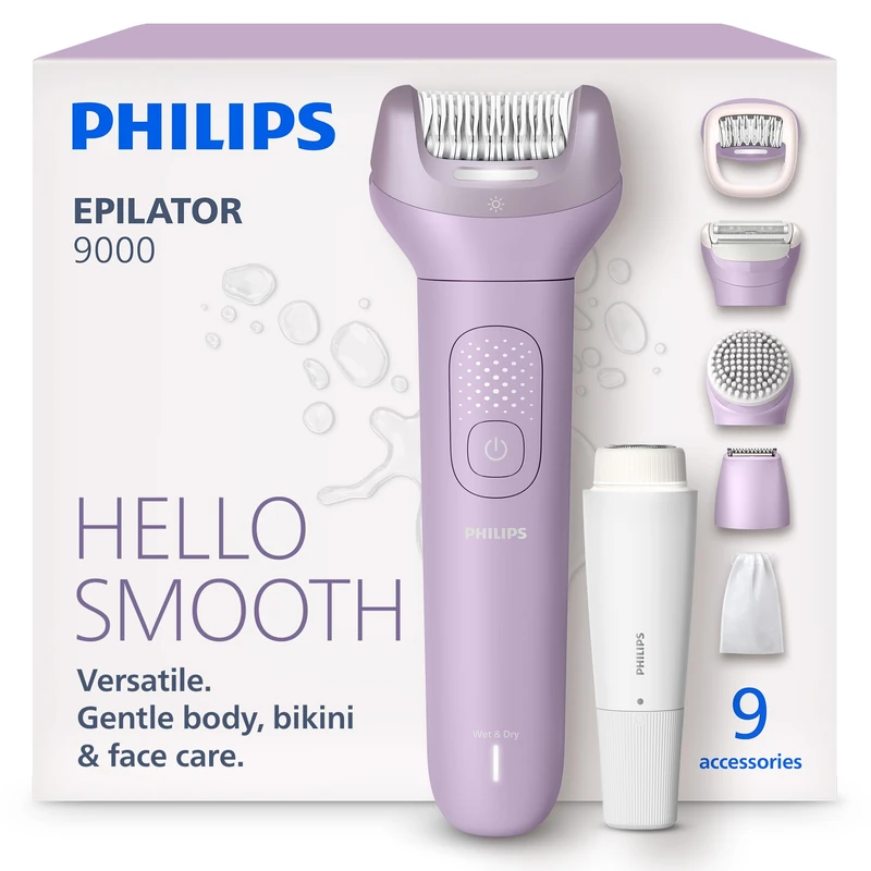 Philips Epilator Series 9000 - Cordless Wet and Dry Electric Epilator, Hair Removal for Body, Face and Bikini, with ProGuide, 9 Accessories, 60 min. Runtime, Model BRE729/00