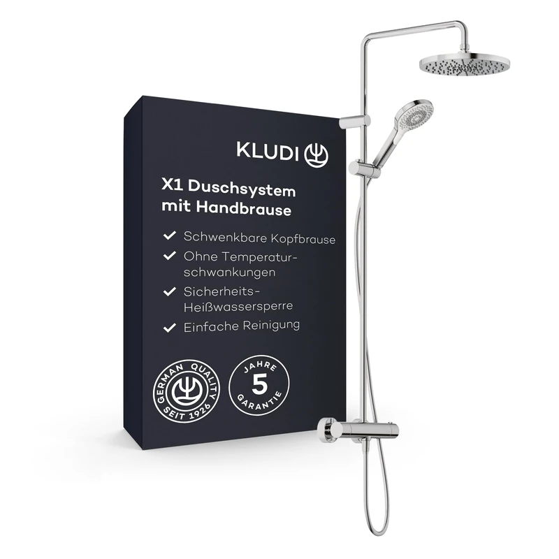KLUDI - X1 6906705-81 Shower System with Shower Head and Hand Shower, Dual Shower System Thermostat, wall mounting, Thermostatic tap, Diameter 250 mm, 3 Spray Types, Chrome