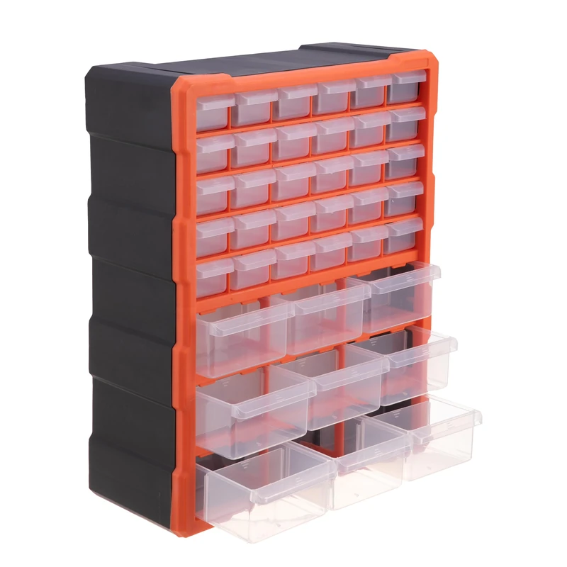 Relaxdays small parts organiser with 39 drawers, plastic, 47x38x16 cm, wall or freestanding, black/orange