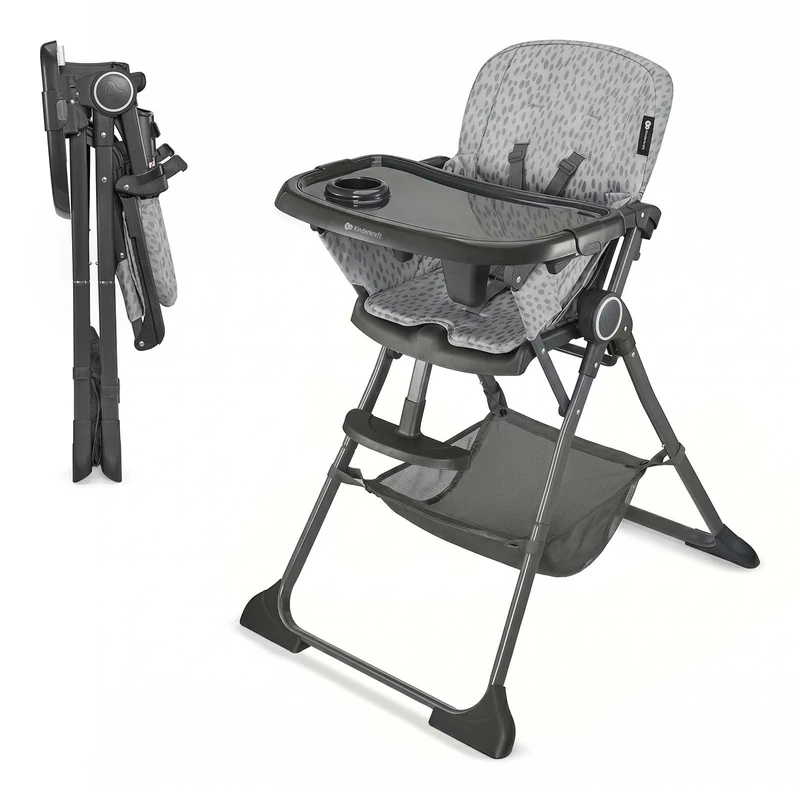 Kinderkraft FOLDEE Folding High Chair, 6-36 Months, 5-Point Harness, Adjustable Backrest & Footrest, Double Tray, Basket, Grey
