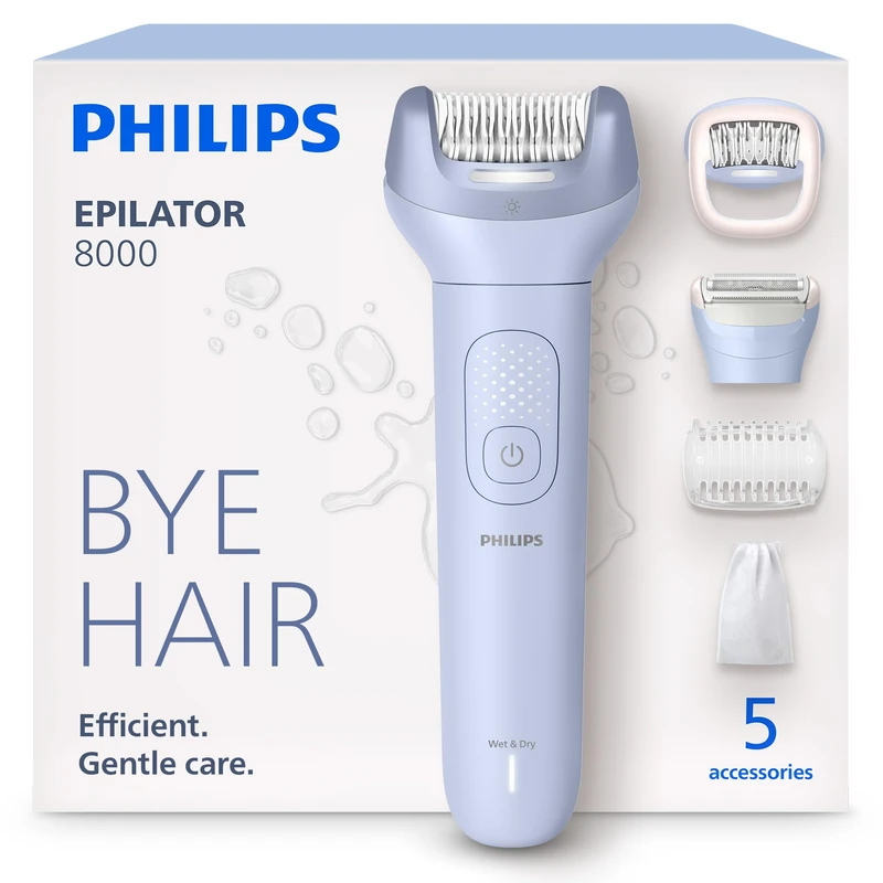 Philips Epilator Series 8000 - Cordless Wet and Dry Electric Epilator, Hair Removal for Legs and Body, with ProGuide, 5 Accessories, 60 min. Runtime, Model BRE709/00