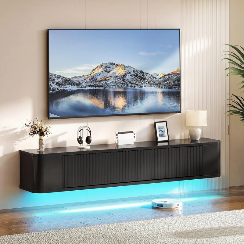 YITAHOME 140cm Floating TV Stand, Wall Mounted TV Shelves With RGB Led Light, Black High Gloss TV Media Console, Floating TV Cabinet Large Storage For Living Room and Bedroom