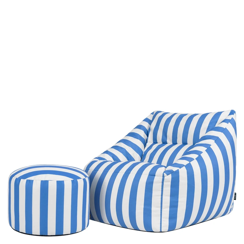 icon Natalia Bean Bag Chair with Pouffe, Kyoto Stripe Blue, Woven Fabric, Large Adult Bean Bag with Filling Included, Comfy Chair, Armchair, Living Room Furniture, Bedroom Furniture