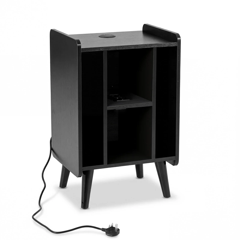 CASART Record Player Stand, Vinyl Record Storage Cabinet Sofa Side Table with Charging Station & USB Port, Industrial Turntable Stand End Table for Living Room Bedroom Studio (Black)