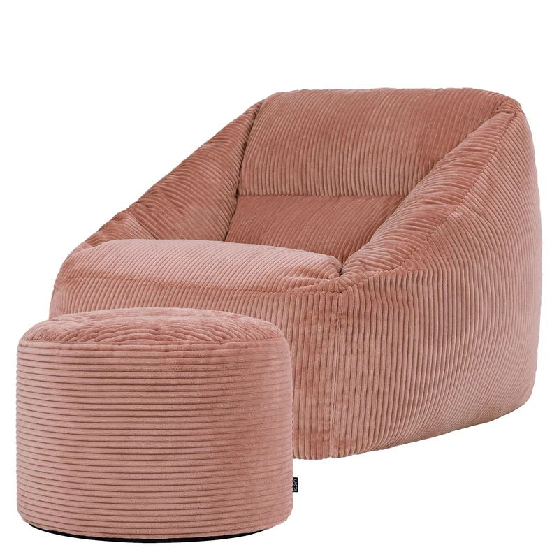 icon Natalia Cord Bean Bag Chair with Pouffe, Dawn Pink, Large Adult Bean Bag with Filling Included, Comfy Chair, Armchair, Living Room, Living Room Furniture, Bedroom Furniture