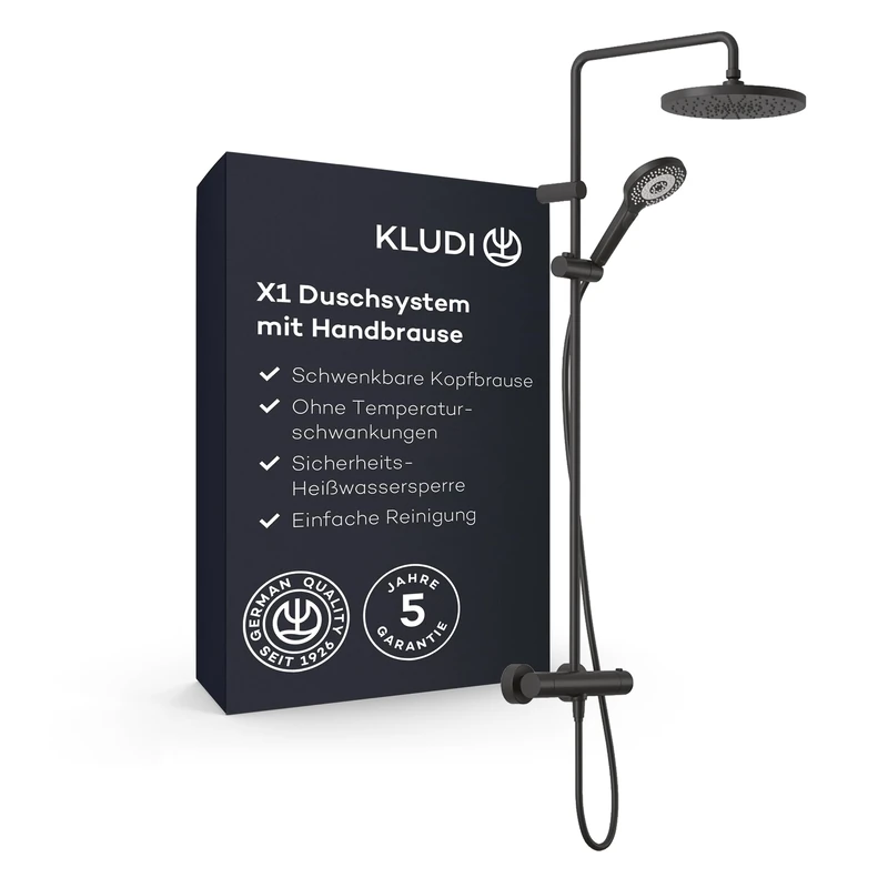 KLUDI -X1 Shower System with Main and Hand Shower, Thermostat Dual Shower System, matt Black, wall Mounted, Thermostat, Diameter 250 mm Overhead, 3 Spray Types, 6906739-81