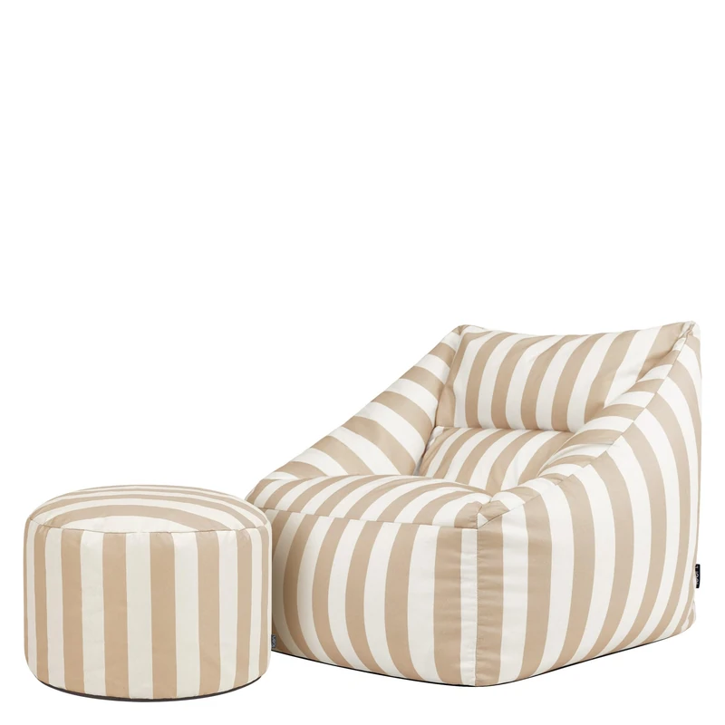 icon Natalia Bean Bag Chair with Pouffe, Kyoto Stripe Taupe, Woven Fabric, Large Adult Bean Bag with Filling Included, Comfy Chair, Armchair, Living Room Furniture, Bedroom Furniture