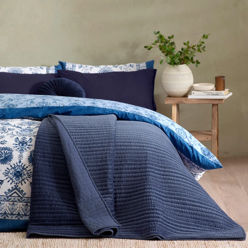 Catherine Lansfield Velvet Pinsonic Quilted 220x220cm Bedspread Navy Blue