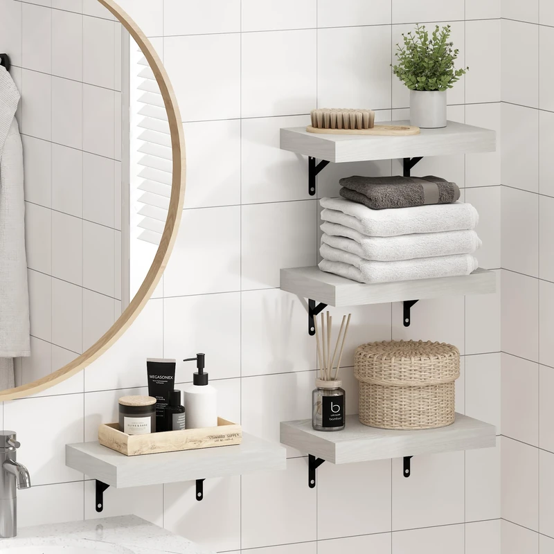 Furinno TANNA Floating Shelves for Wall Set of 4, 38.1cm Bathroom Wall Shelf, Wall Mounted Shelf, for Bathroom Organizers and Storage, Living Room, White Texture