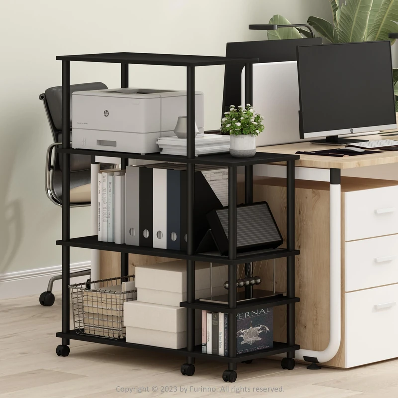Furinno TURN-N-TUBE Printer Stand, Wide 4-Tier Printer Table with with Storage Shelf and Casters, Open Frame Standing Shelf, for CPU, Office Supplies, Home Office, Dark Americano - Image 1