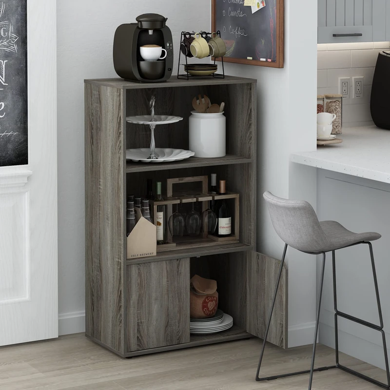 Furinno JAYA Pantry Organizers, 3-Tier Kitchen Cabinet, Coffee Bar, Kitchen Storage with Open Shelves and Closed Cabinet, for Pantry Organizers and Storage, Grey Oak