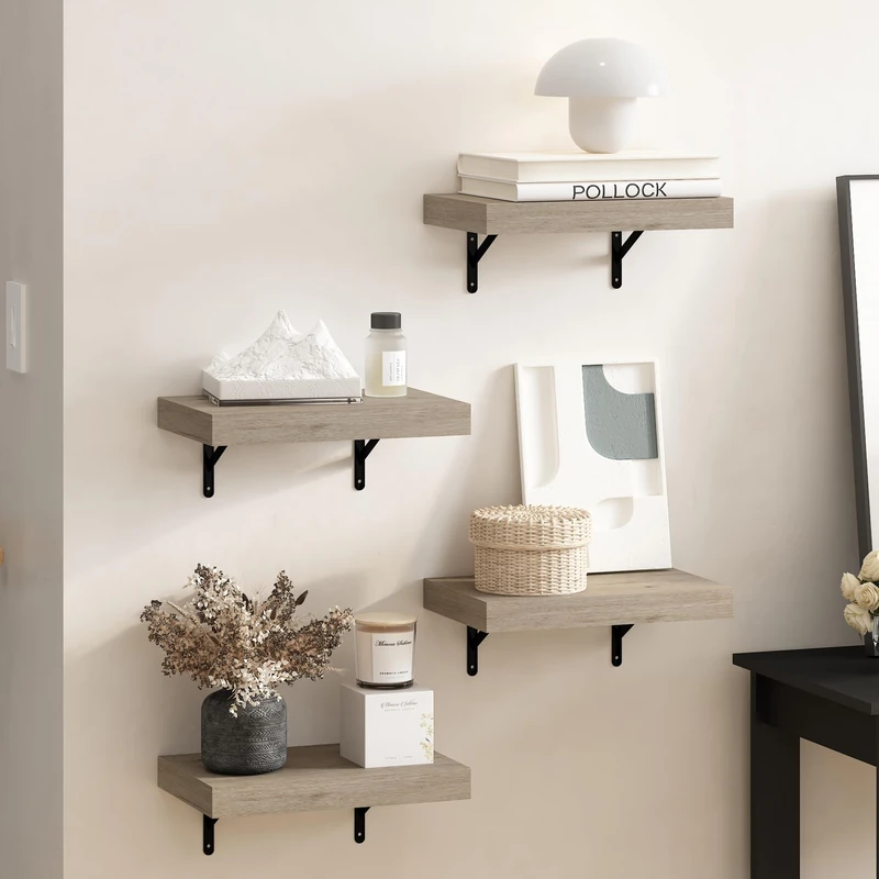 Furinno TANNA Floating Shelves for Wall Set of 4, 38.1cm Wall Shelf, Wall Mounted Shelf, for Bathroom, Home Office, Living Room, Natural