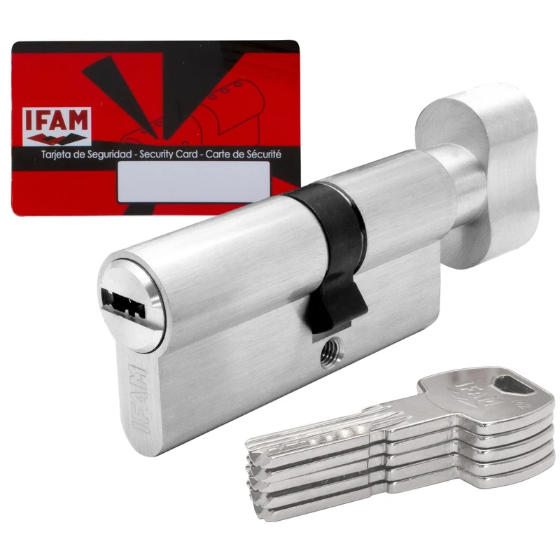 IFAM Cylinder for Doors F6S Series, 30x30 mm with Knob, Cylinder with 5 Keys, Anti-Drill and Anti-Pick Protection, European Profile Lock, Nickel Colour - Image 1