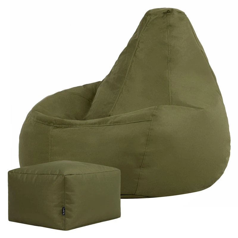 Bean Bag Bazaar Dalton Gaming Bean Bag and Footstool, Khaki Green, Water Resistant Fabric, Large Outdoor Beanbag with Filling Included, Gaming Chair, Outdoor Seating, Garden Furniture