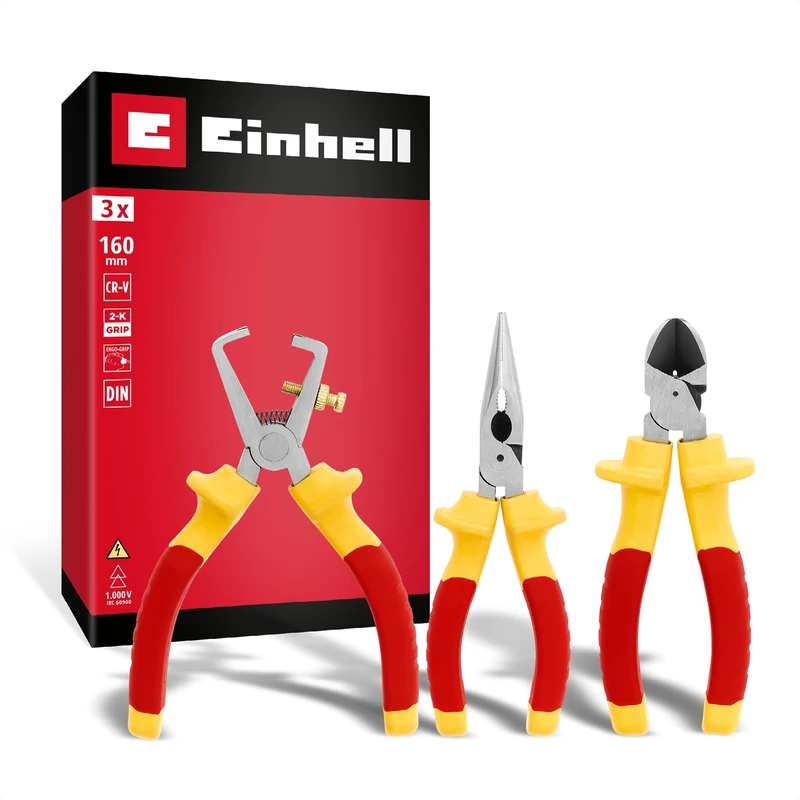 Original Einhell Electrician Pliers Set 3 pcs. (Insulation up to 1,000 Volts, Side Cutter, Wire Stripper, Long Nose, Ergonomic Handles for Installations)