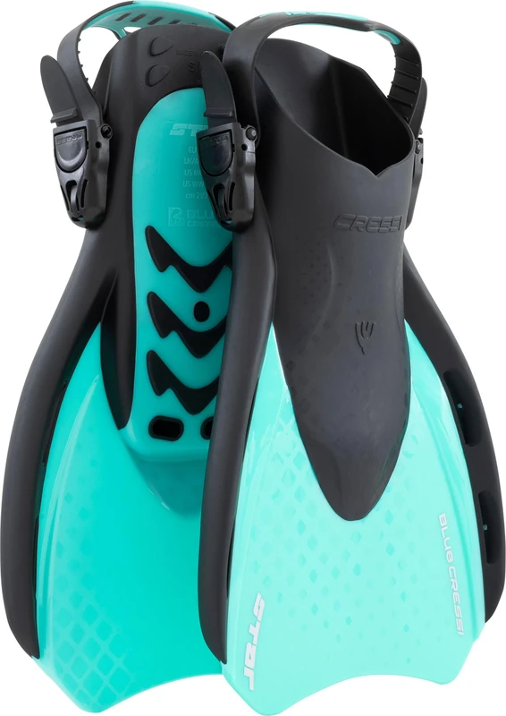 CRESSI since 1946 - Star Fins - Compact Adjustable Fin with a Powerful Vented Blade and a Comfortable Open Heel Foot Pocket - Black/Aqua Green - S/M_UK 5½-8 - Adults