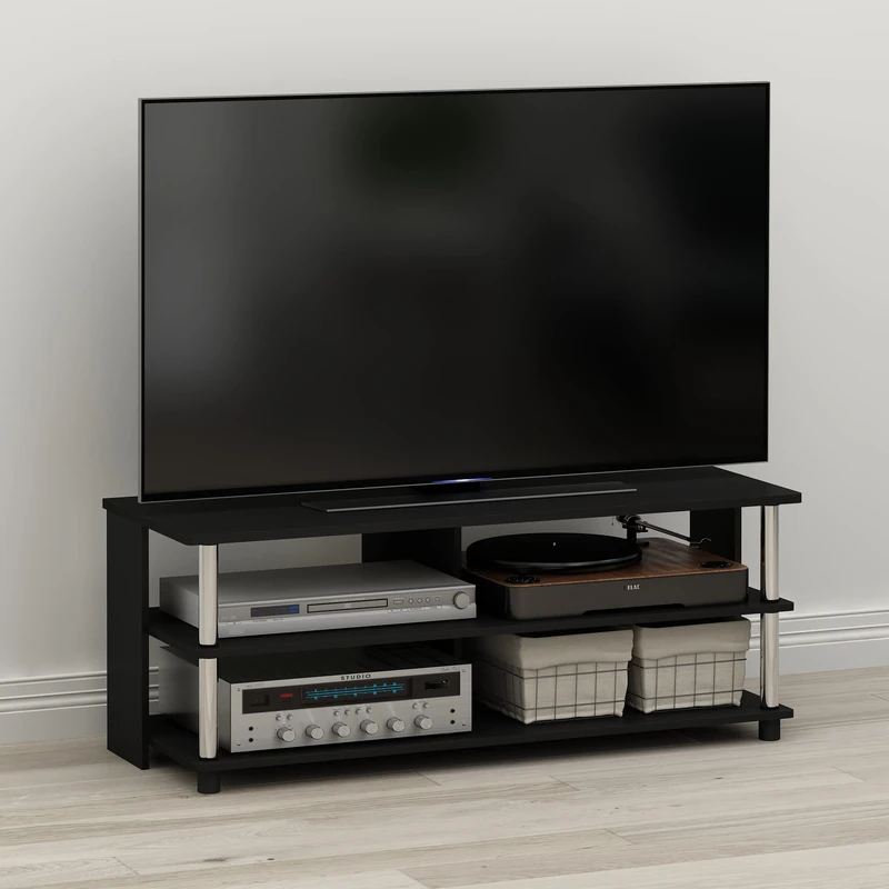 Furinno SULLY TV Stand, 3-Tier Rectangular Entertainment Center with Open Shelf, TV Console for TV up to 48 Inch, Open Frame for Cable Management, for Living Room, Bedroom, Dark Americano