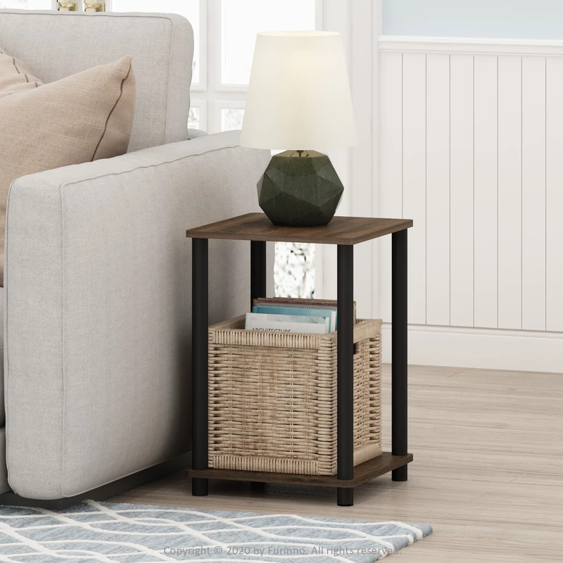 Furinno TURN-N-TUBE Side Table Set of 2, 2-Tier Stackable End Table with Open Shelf, Toolless Night Stand, Bedside Table, for Living Room, Bedroom, Black Walnut