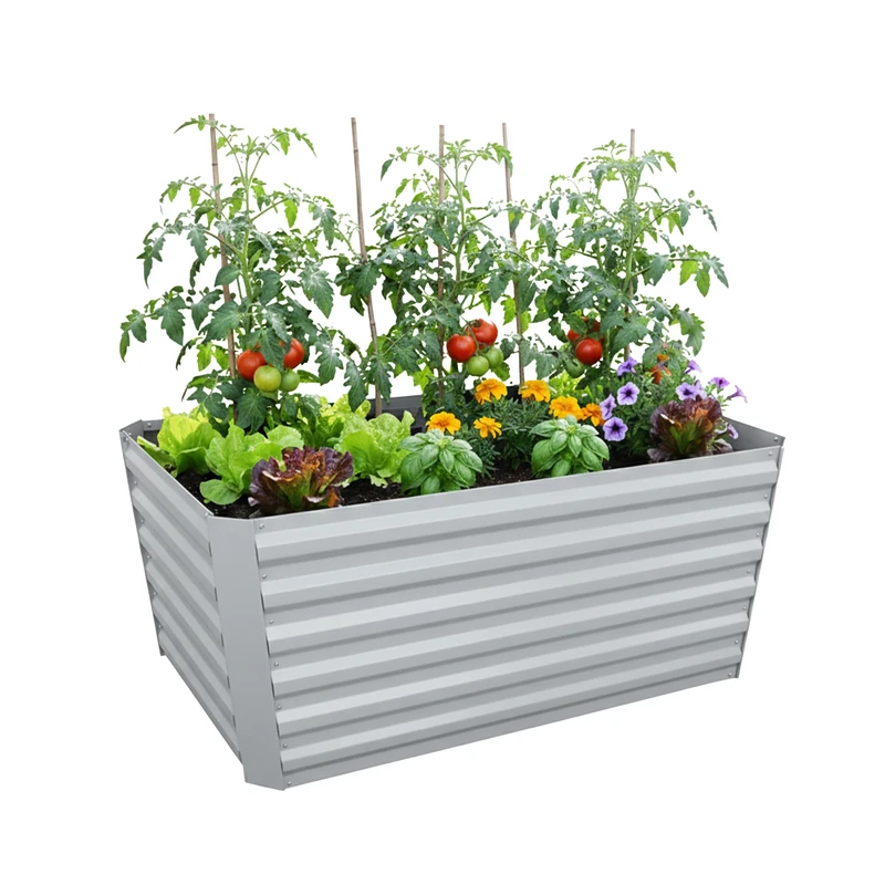 Relaxdays Raised Bed, Galvanized Metal, Flowers & Vegetables, 60x120x60 cm, Rectangular Planter, Light Grey
