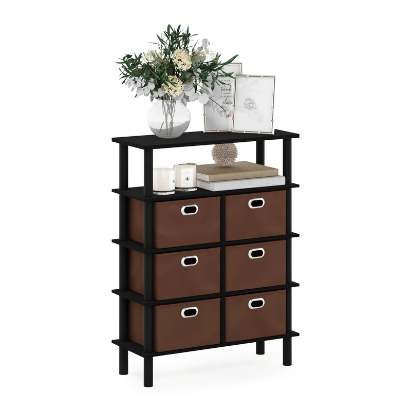 Furinno FRANS Entryway Table, 4-Tier Open Shelf Console Table with Storage Drawer Bins, Open Back Sofa Table, Side Table, Toolless Assembly, for Living Room, Home Office, Entryway, Black Oak - Image 1