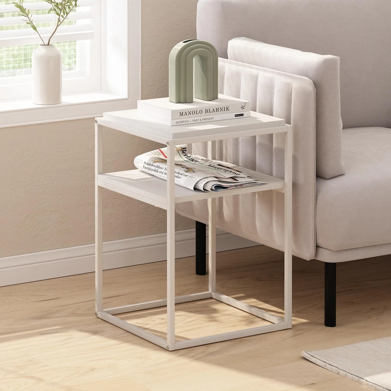 Furinno MORETTI Side Table, 2-Tier Stackable Metal Frame End Table with Open Shelf, Night Stand, Bedside Table, Toolless Assembly, for Living Room, Bedroom, White