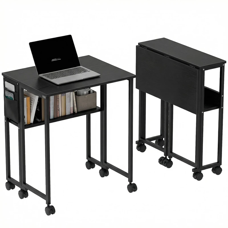 HOMCOM Folding Desk with Storage Shelf and Bag 63 cm Black