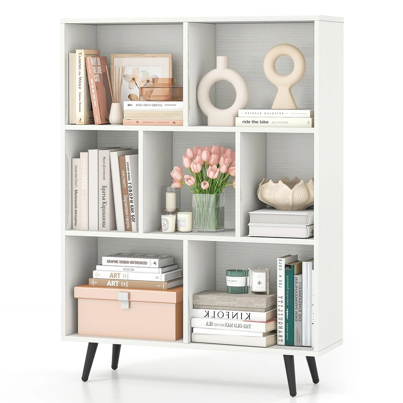 CASART Wooden Bookcase, Freestanding 7/8/10 Cube Bookshelf with Anti-tipping Kits, Modern Display Storage Unit for Living Room Bedroom Study Office (White, 80 x 24 x 107cm)