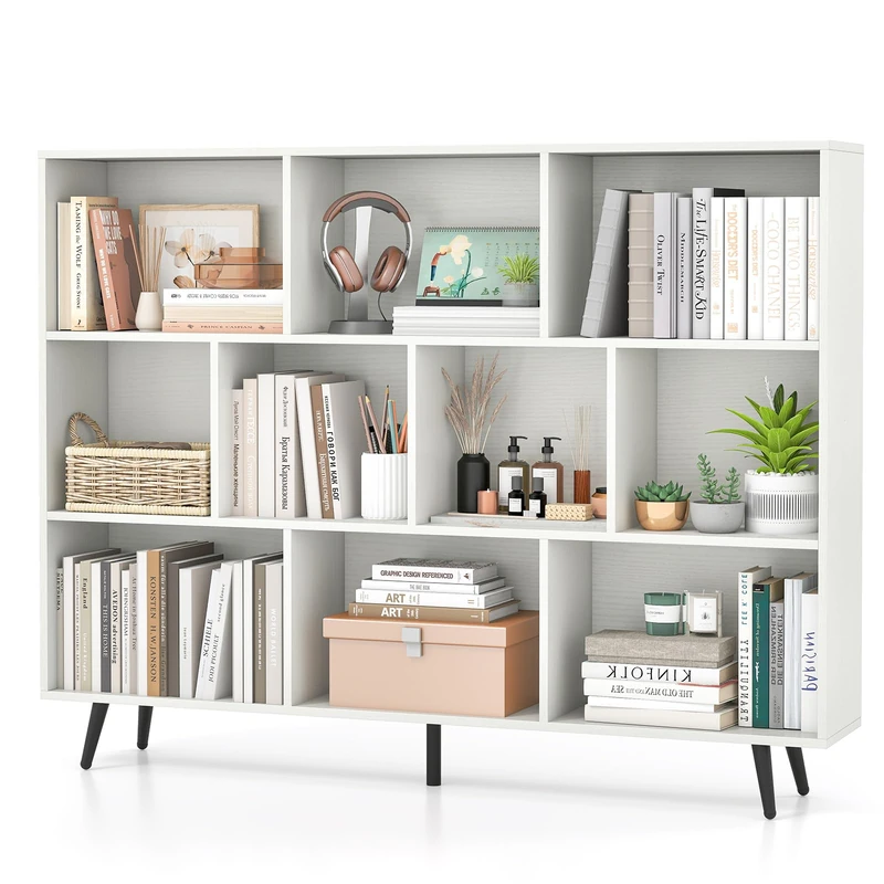 CASART Wooden Bookcase, Freestanding 7/8/10 Cube Bookshelf with Anti-tipping Kits, Modern Display Storage Unit for Living Room Bedroom Study Office (White, 140 x 24 x 107cm)