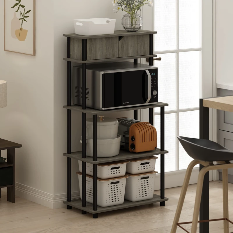 Furinno TURN-N-TUBE Bakers Rack with Wheels, 4-Tier Kitchen Storage Cart, Kitchen Cart, Coffee Bar, Pantry Organizers and Storage, Dark Americano - Image 1