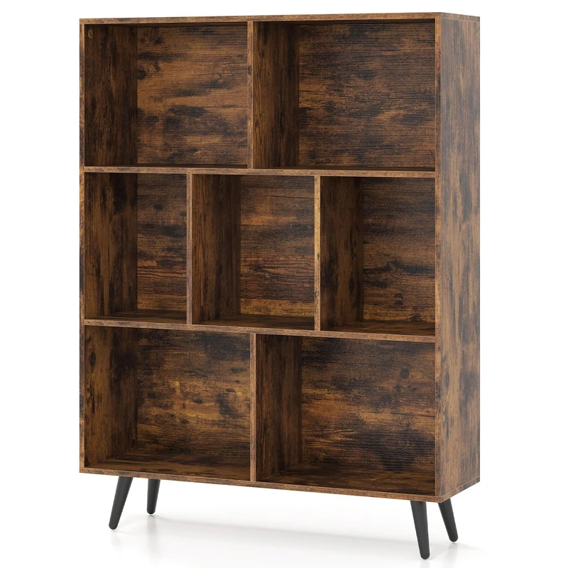 CASART Wooden Bookcase, Freestanding 7/8/10 Cube Bookshelf with Anti-tipping Kits, Modern Display Storage Unit for Living Room Bedroom Study Office (Brown, 80 x 24 x 107cm)