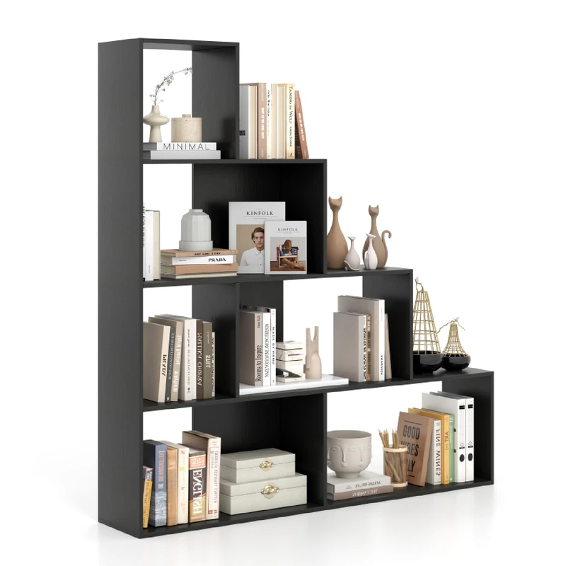 CASART 5-Tier Wooden Bookshelf, 162cm Freestanding Shelving Unit with 6 Cubes, Modern Bookcase Storage Display Rack for Living Room Study Bedroom Office (Black, with Backboard)