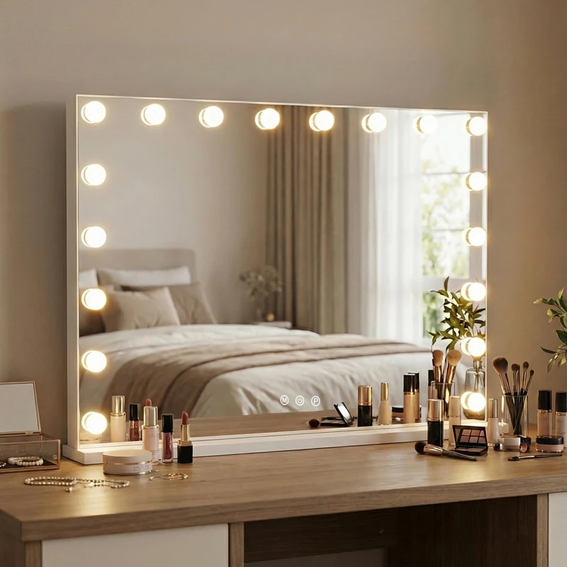 RELAX4LIFE Hollywood Vanity Mirror with Lights, Lighted Makeup Mirror with 15/18 Dimmable LED Bulbs, 3 Color Lighting Modes and Touch Control, Cosmetic Tabletop Mirror for Dressing Table (80x63cm)