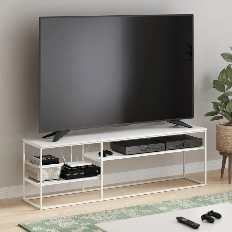 Furinno MORETTI Modern Lifestyle TV Stand, Entertainment Center for TV up to 78 Inch, for Living Room, Bedroom, White/White